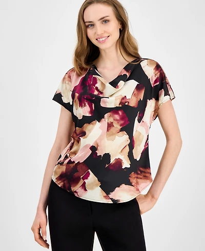 Anne Klein Women's Satin Printed Cowlneck Blouse