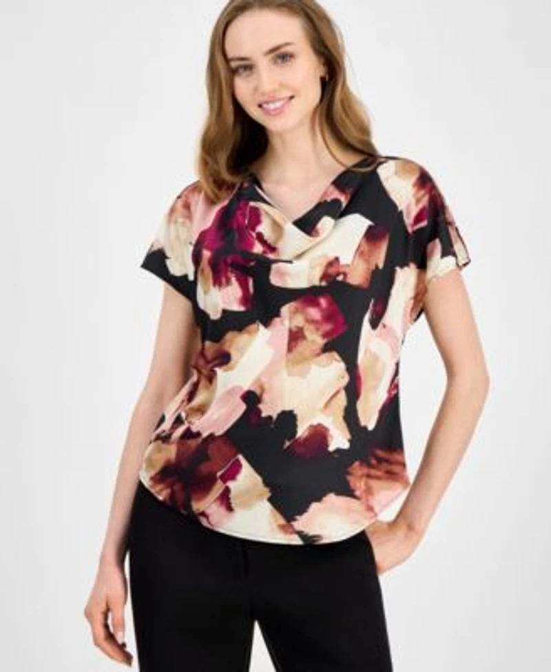Anne Klein Womens Satin Printed Cowlneck Blouse Xxs 3x