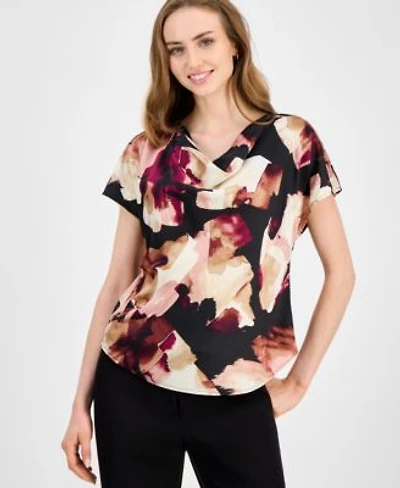 Anne Klein Womens Satin Printed Cowlneck Blouse Xxs 3x