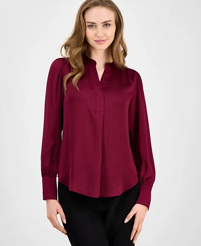 Anne Klein Women's Satin Pleated V-Neck Blouse
