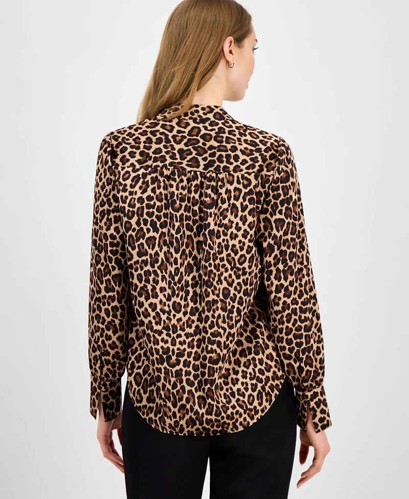 Anne Klein Women's Animal-Print Pleated V-Neck Blouse
