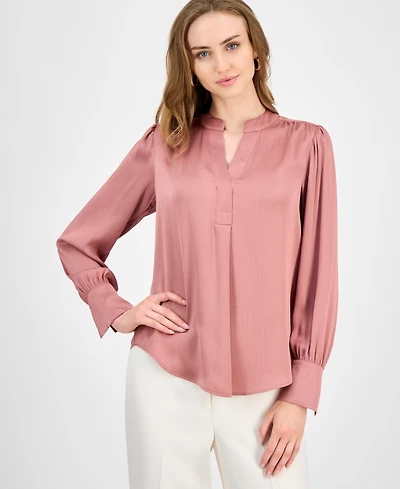 Anne Klein Women's Satin Pleated V-Neck Blouse