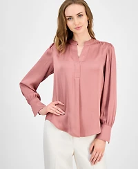 Anne Klein Women's Satin Pleated V-Neck Blouse