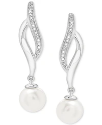 Cultured Freshwater Pearl (4mm) & Diamond Accent Swirl Drop Earrings in Sterling Silver