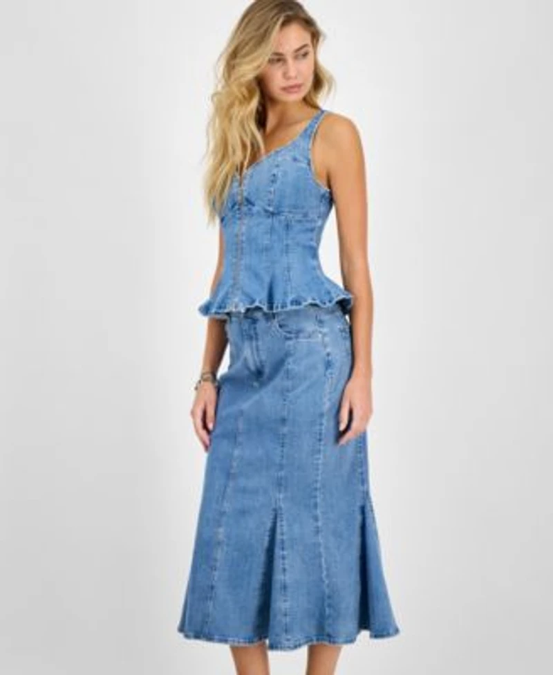 Guess Womens Anika Denim Peplum Top Lia Denim Midi Skirt
