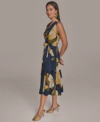 Donna Karan New York Women's Printed Sleeveless Faux-wrap V-neck Pleated Dress