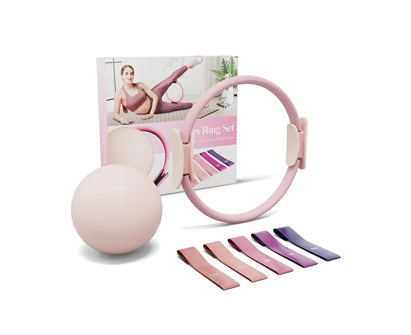 Mikolo Pilates Ring Set – 14” Magic Circle (38lbs), 5 Resistance Bands & 9.8” Ball