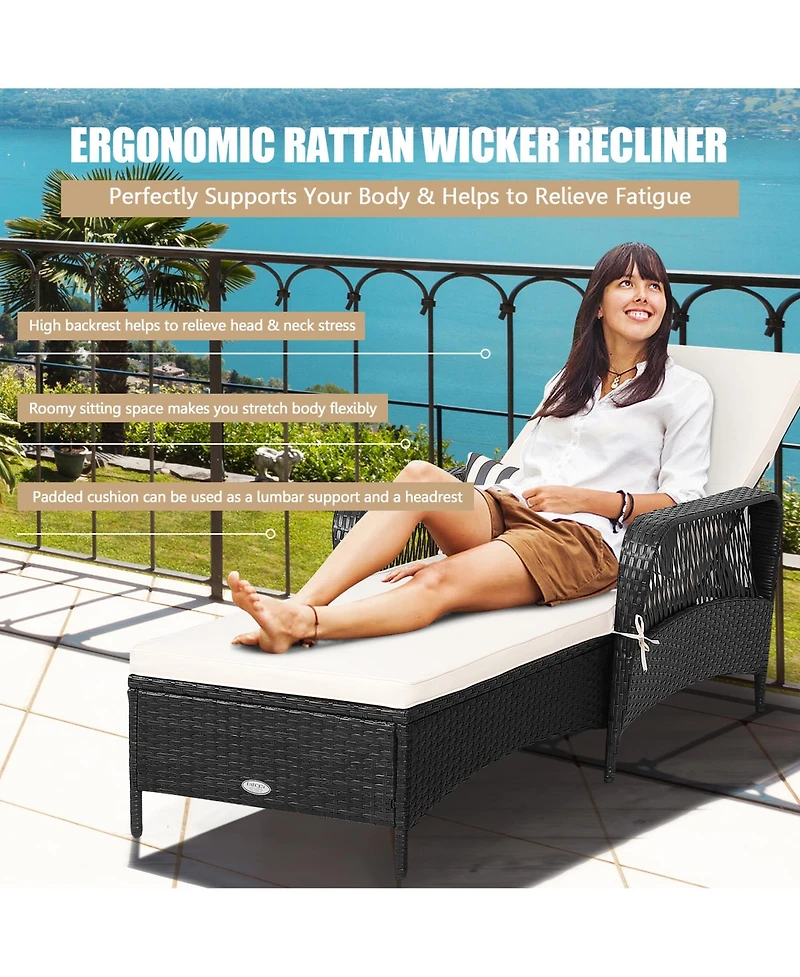 Gymax Adjustable Patio Rattan Lounge Chair Chaise Recliner w/ Cushion & Pillow