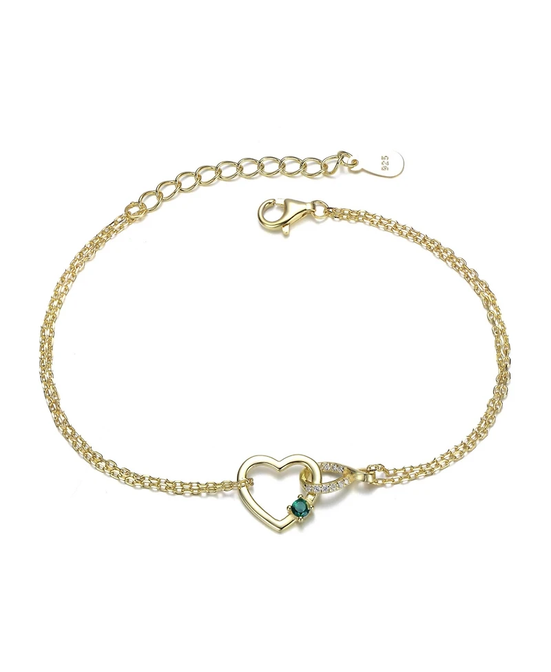 14K Gold Plated with Green Cubic Zirconia Heart Charm Bracelet