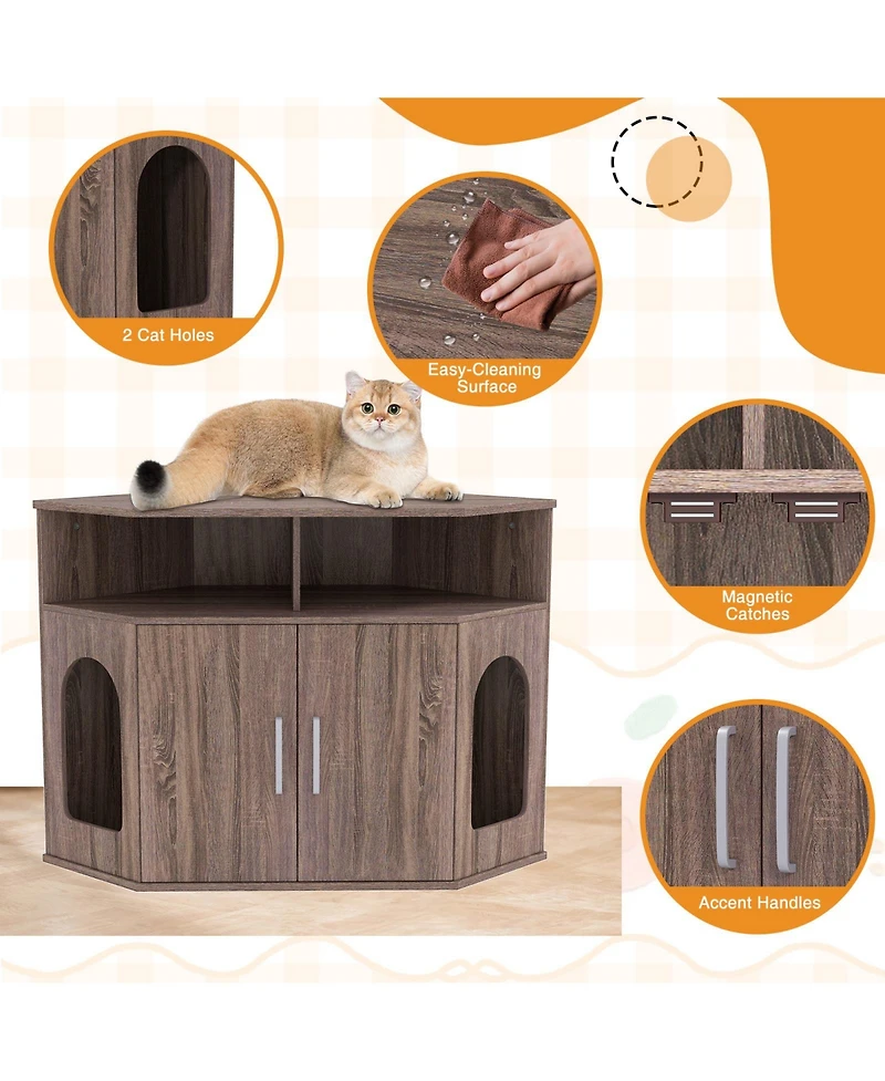 Corner Cat Litter Box Enclosure with Storage Shelves and Double Doors