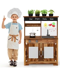 Mud Kitchen Fir Wood Play Kitchen with 4 Panting Pots Faucet Removable Sink