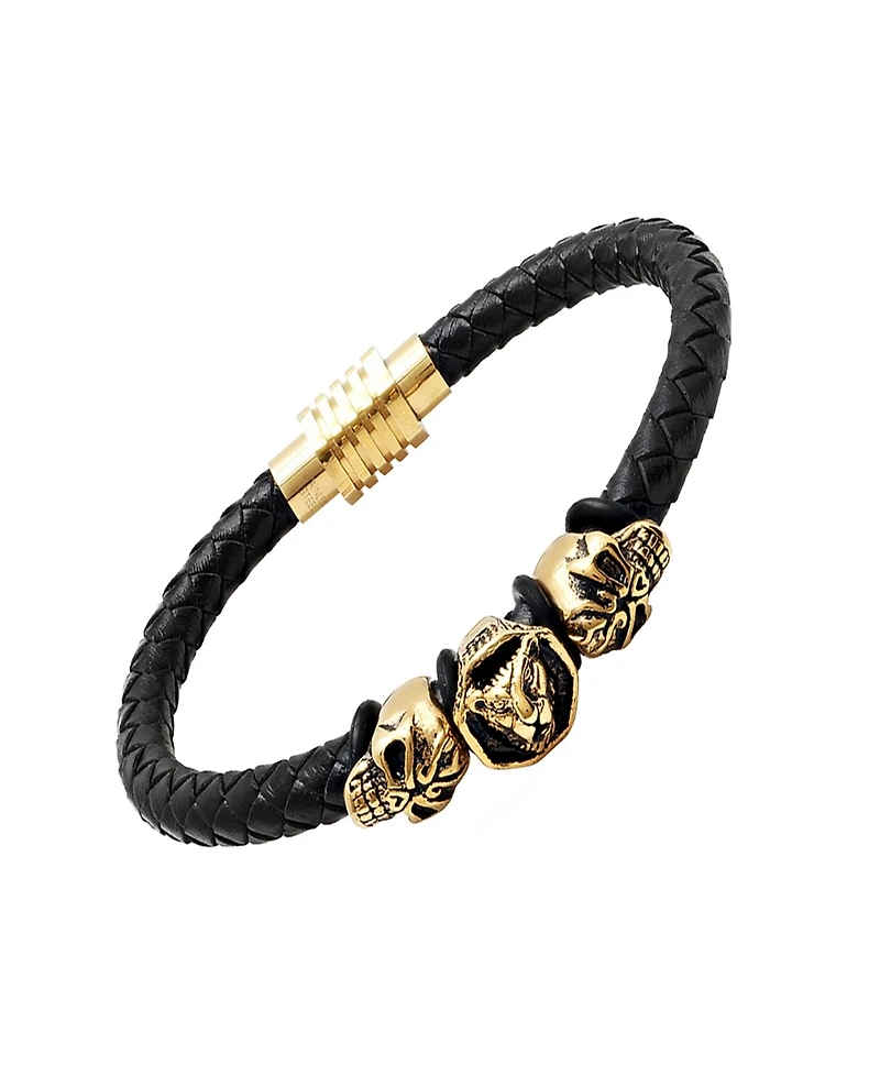 Steeltime Men's Lion Head and Skull Accents Black Leather Braided Bracelet