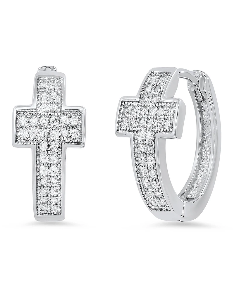Steeltime Women's Sterling Silver and Simulated Diamonds Cross Huggie Earrings