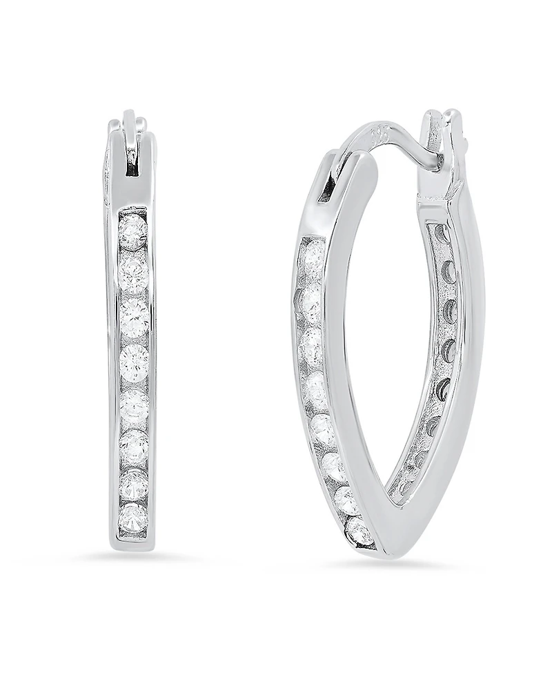 Steeltime Women's Sterling Silver and Simulated Diamonds Almond Hoop Earrings