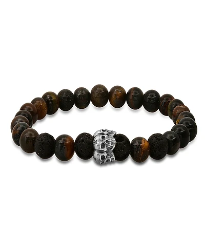 Steeltime Men's Tiger Eye, Black Lava and Sterling Silver Skull Beaded Stretch Bracelet