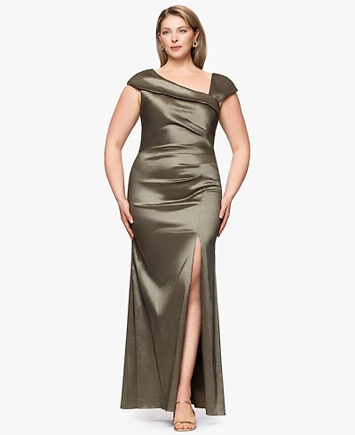 Xscape Plus Asymmetrical-Neckline Long Sheath Dress