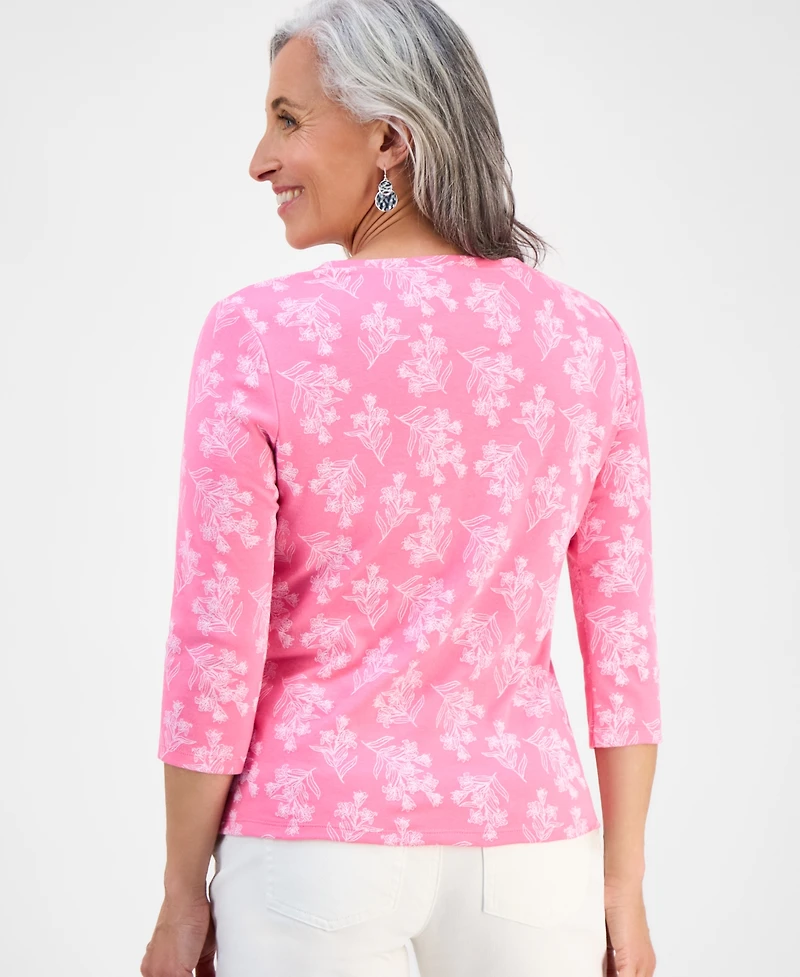Style & Co Petite Printed 3/4-Sleeve Henley Knit Top, Exclusively at Macy's