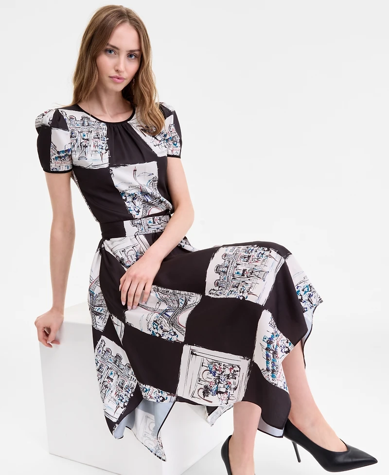 Karl Lagerfeld Paris Women's Scarf-Print Handkerchief-Hem Midi Dress