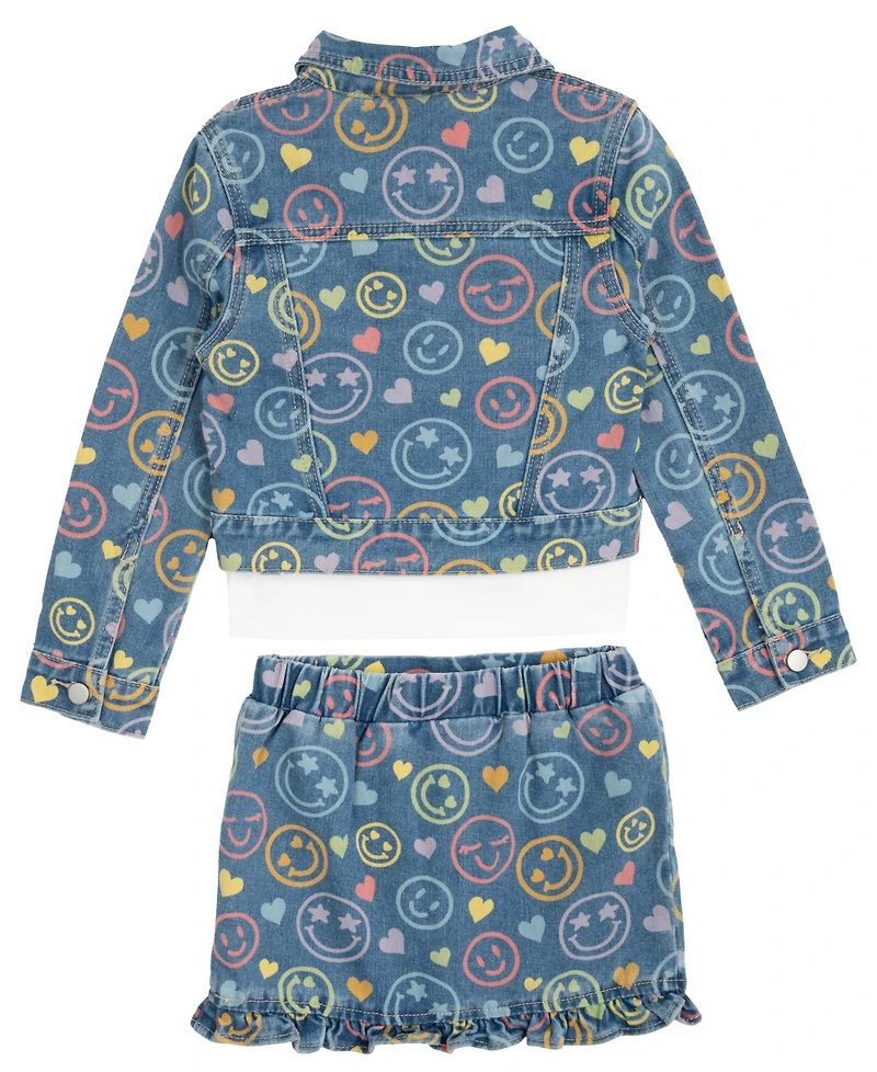 Rare Editions Little Girls 3-Piece Smiley Denim Jacket, Ruffle hem Skort, Crewneck T-Shirt Set