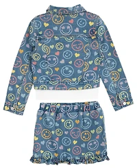 Rare Editions Little Girls 3-Piece Smiley Denim Jacket, Ruffle hem Skort, Crewneck T-Shirt Set