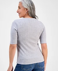Style & Co Petite Pointelle Elbow-Sleeve Henley Knit Top, Exclusively at Macy's