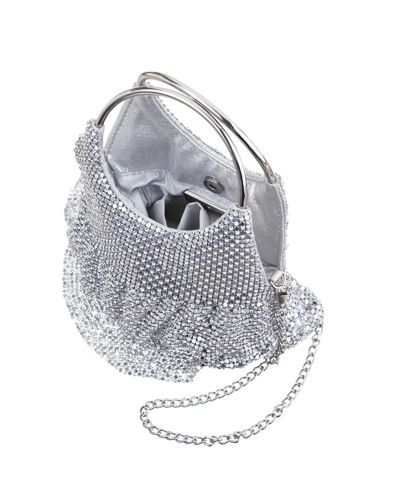 Nina 3-Tiered Crystal Mesh Ruffle Pouch Bag