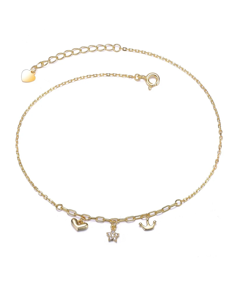 14K Gold Plated with Clear Cubic Zirconia Heart, Star, & Crown Charm Anklet