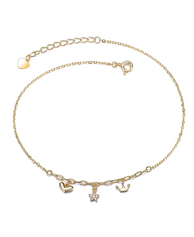 14K Gold Plated with Clear Cubic Zirconia Heart, Star, & Crown Charm Anklet
