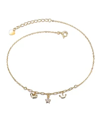 14K Gold Plated with Clear Cubic Zirconia Heart, Star, & Crown Charm Anklet