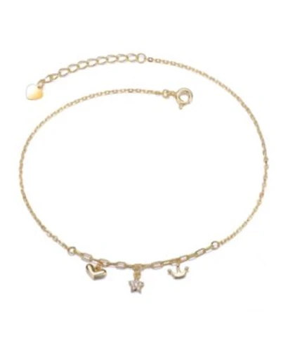 14k Gold Plated With Clear Cubic Zirconia Heart Star Crown Charm Anklet