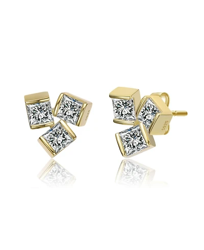 14K Gold Plated with Clear Cubic Zirconia 3-Stone Stud Earrings