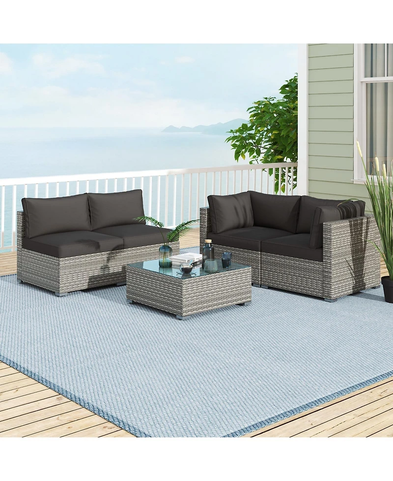 5-Piece Outdoor Patio Sectional Sofa Couch and Glass Coffee Table with Cushions