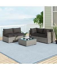5-Piece Outdoor Patio Sectional Sofa Couch and Glass Coffee Table with Cushions