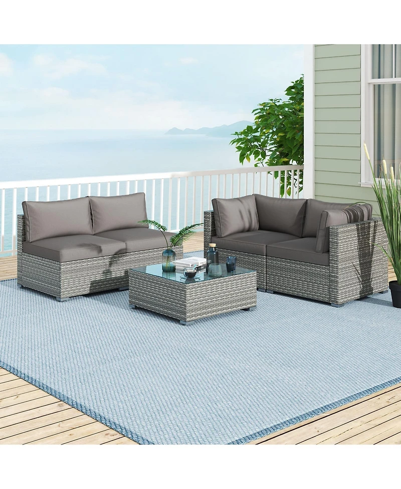 5-Piece Outdoor Patio Sectional Sofa Couch and Glass Coffee Table with Cushions