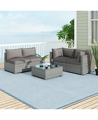 5-Piece Outdoor Patio Sectional Sofa Couch and Glass Coffee Table with Cushions
