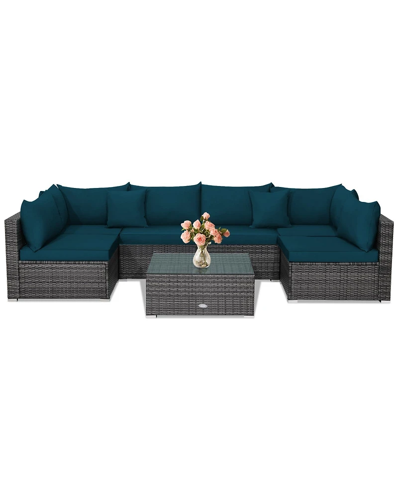 7 Pieces Patio Rattan Furniture Set with Sectional Sofa Cushioned