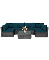 7 Pieces Patio Rattan Furniture Set with Sectional Sofa Cushioned
