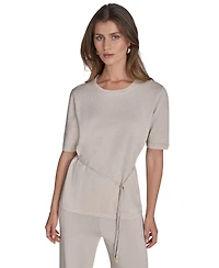 Halston Women's Metallic Tie-Waist Round-Neck Top