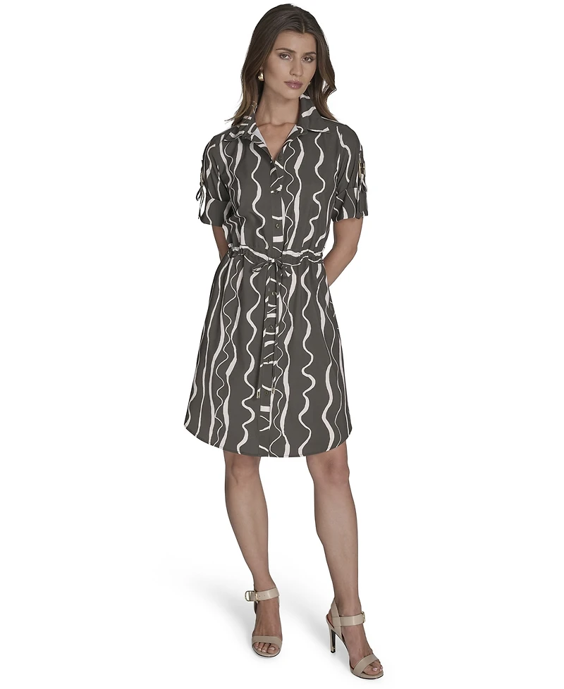 Halston Women's Printed Roll-Tab-Sleeve Belted Shirtdress