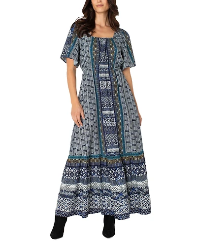 Liverpool Los Angeles Women's Square-Neck Elbow-Sleeve Woven Maxi Dress