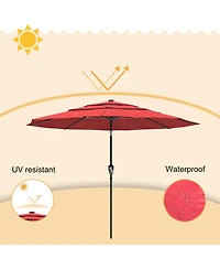10 Ft Patio Umbrella with Solar Lights 3-Tier Outdoor Table Market Pool Umbrellas for Patio, Red
