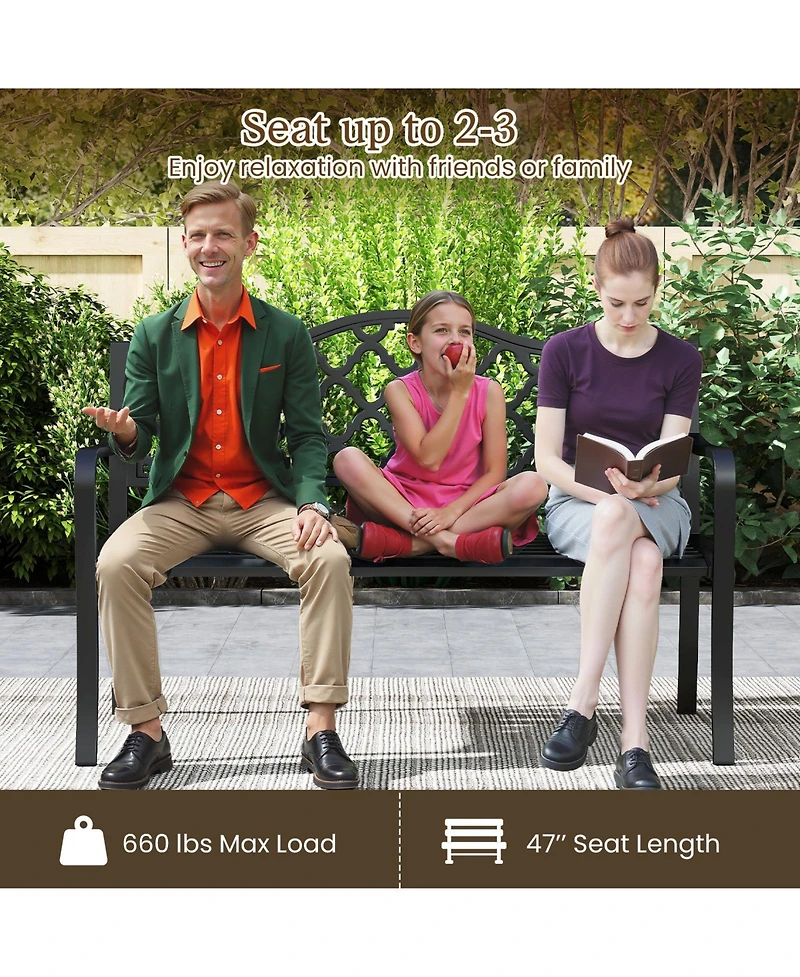 Outdoor Patio Bench with Curved Armrests for 2 to 3 People for Garden or Porch
