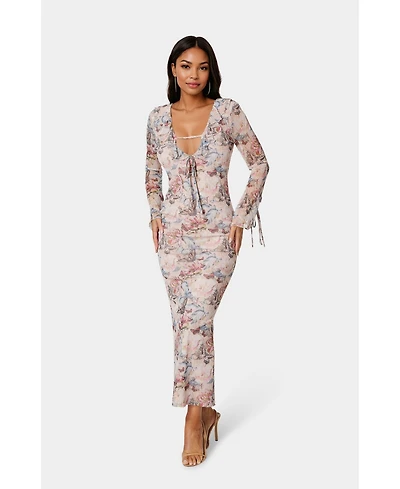 Bebe Women's Long Sleeve Ruffle Neck Maxi Dress