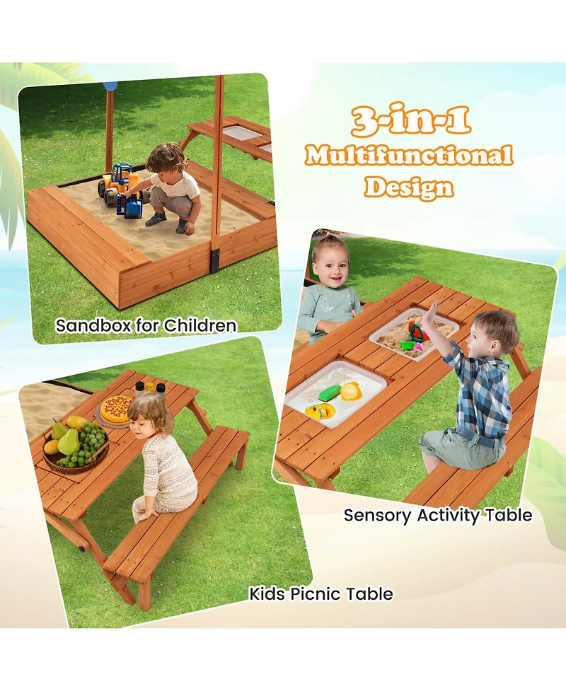 Slickblue Kids Wooden Sand Box with Foldable Picnic Sensory Table and Bench