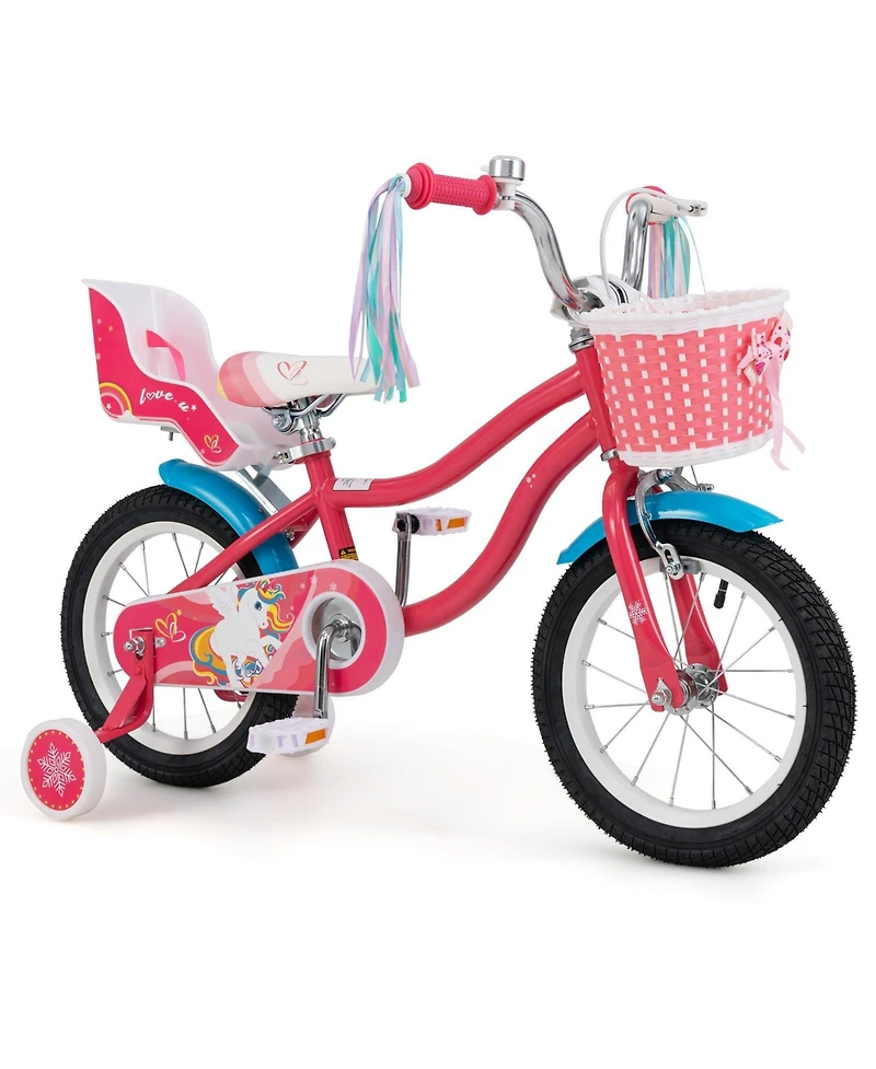 14 Inch Girls Bike for 3-8 Years Old Kids Bike with Doll Seat and Training Wheels