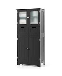 4 Door Freestanding Bathroom Floor Storage Cabinet with 2 Drawers and Glass Doors