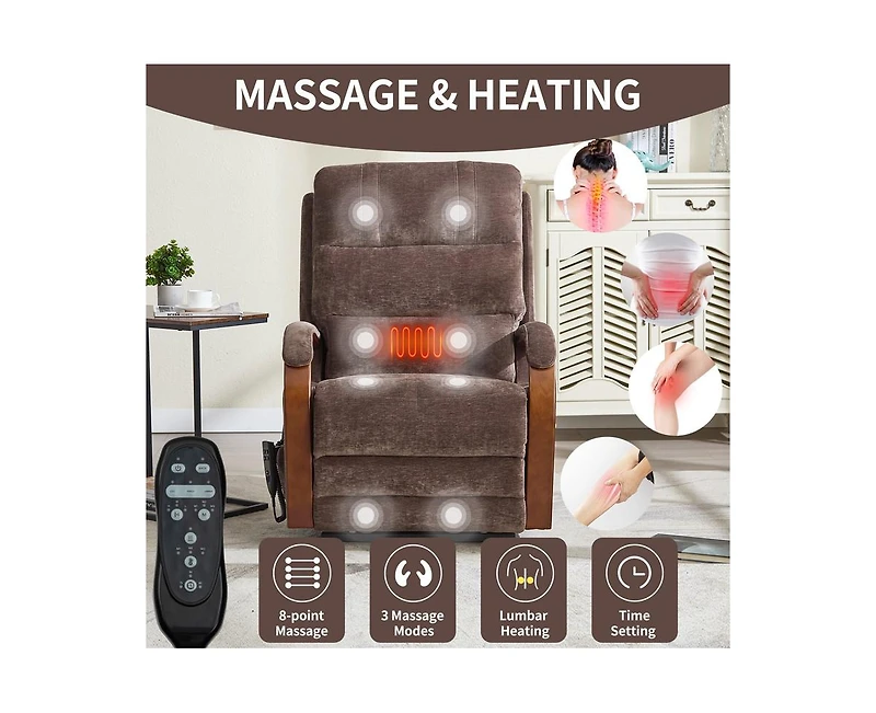 Power Chenille Lift Recliner Chair Dual Motor Infinite Position Up to 350 Lbs with Solid Wood Armrests, Heat Massage and Heavy Duty Motion Mechanism