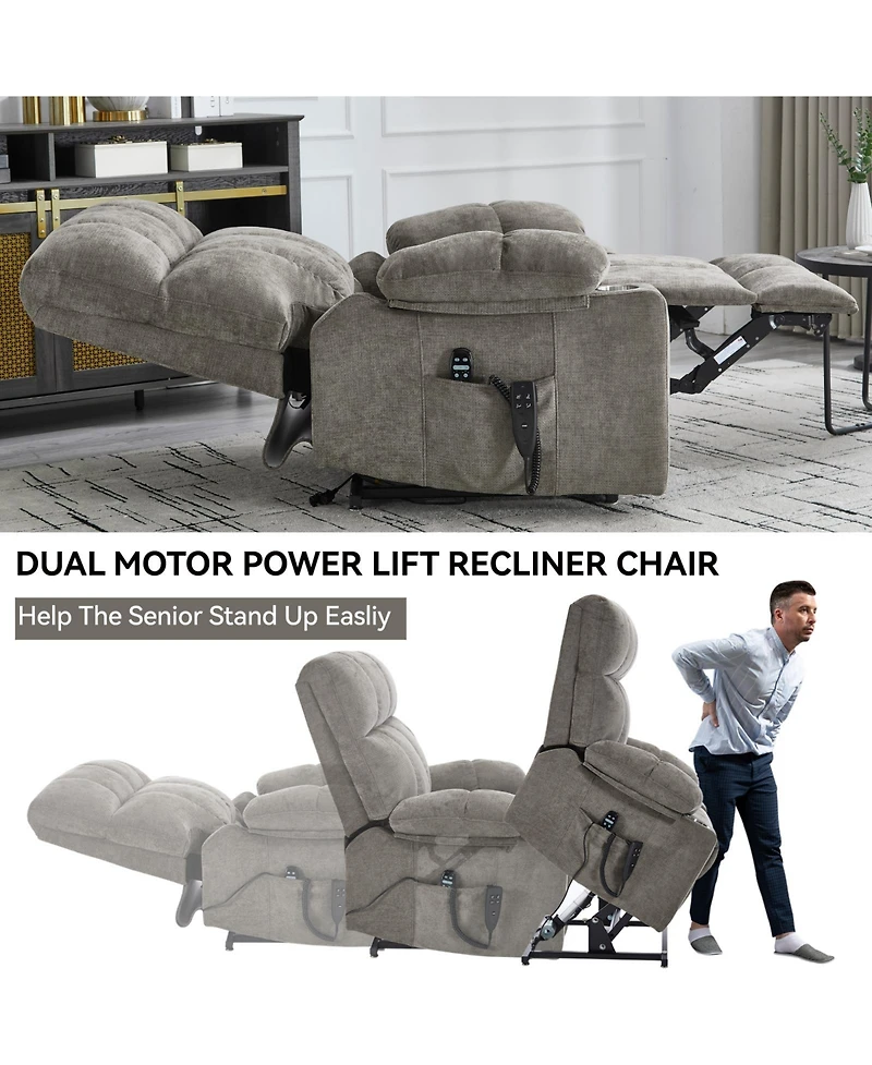 Dual Motor Infinite Position Up to 350 Lbs Chenille Power Lift Recliner Chair with 8-Point Vibration Massage and Lumbar Heating Cup Holders