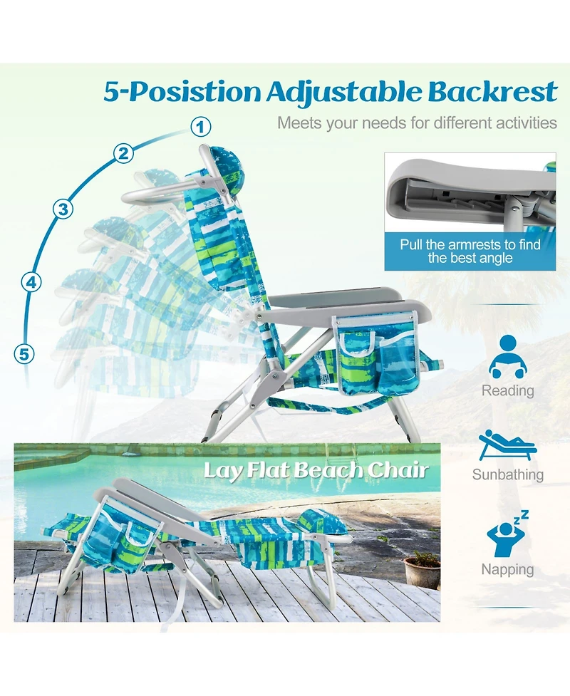 Foldable Backpack Beach Chair with Cup Holder and Storage Pockets Set of 2