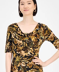 Connected Petite Floral Draped-Neck Elbow-Sleeve Dress